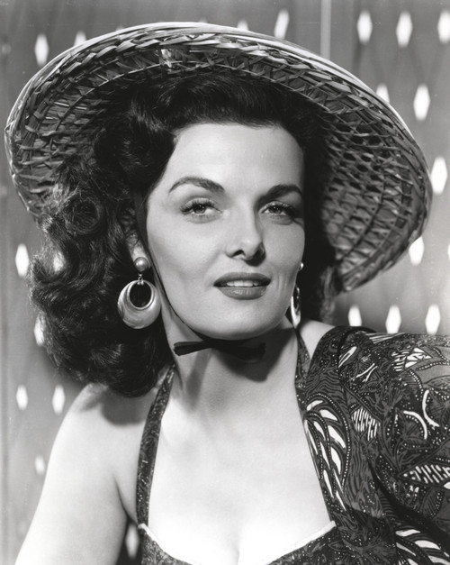 Jane Russell Portrait in Black Strap Dress and Black Linen Long Sleeves with Hoop Earrings and Straw Hat Photo Print - Item # VARCEL687512