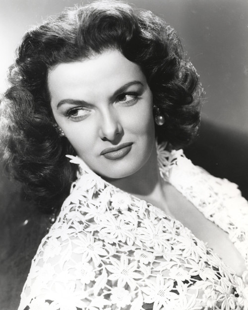 Jane Russell Portrait in White Floral Lace Dress while Leaning Back and Looking to the Right Photo Print - Item # VARCEL687513