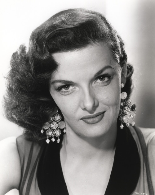 Jane Russell Portrait in Silk Long Sleeve and Black V-Neck Dress with Dangling Flower Style Earrings Photo Print - Item # VARCEL687515