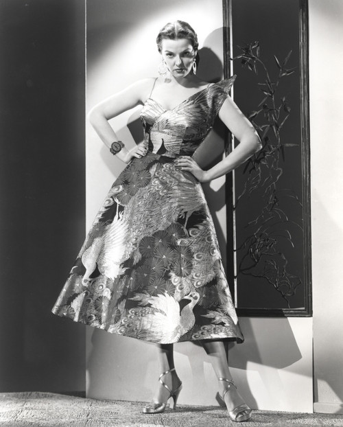 Jane Russell Posed in Silk Floral Strap Dress and High Heel Sandals with Hands on the Waist Photo Print - Item # VARCEL687527