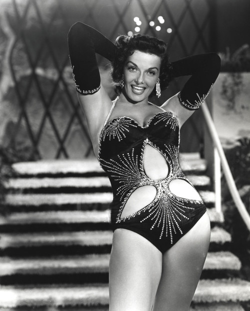 Jane Russell Posed in Black Embroidered One Piece Lingerie and Black Gloves with Hands Behind the Head and Right Foot Forward Photo Print - Item # VARCEL687549