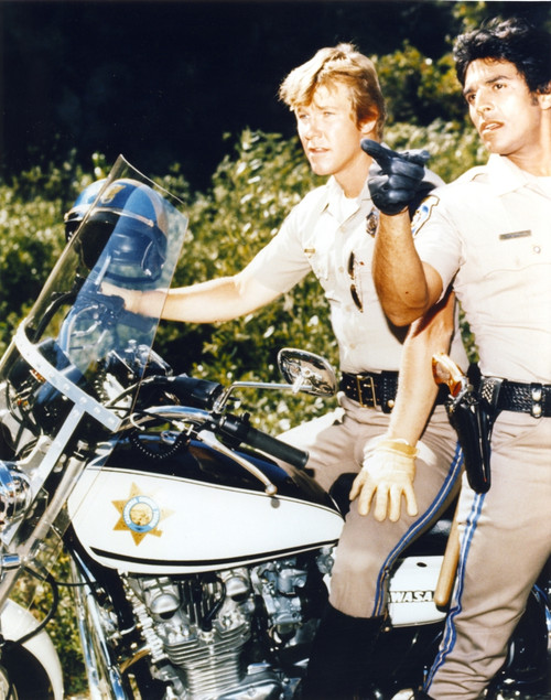 Chips Movie Scene in Police Uniform with Motorcycle and Pistol Photo Print - Item # VARCEL688261