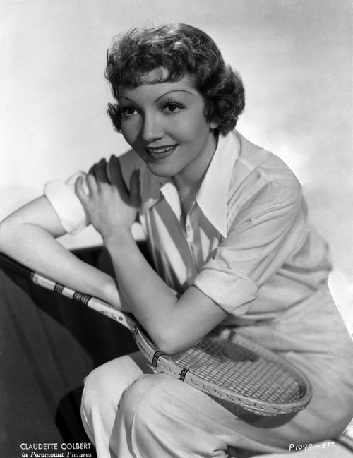 Claudette Colbert Posed in White Shirt with Tennis Racket Photo Print - Item # VARCEL688500