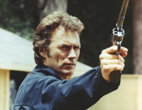 Clint Eastwood Looking Serious in Blue Long Sleeve with Pistol Photo Print - Item # VARCEL696764