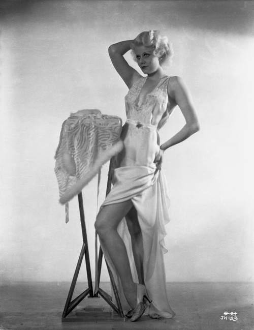Jean Harlow Posed in White Silk Dress and Silk Slit Ruffled Skirt with Right Hand on the Head Photo Print - Item # VARCEL696794
