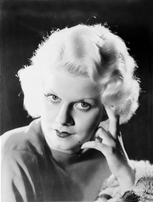 Jean Harlow Portrait in Grey Round Neck Pleated Long Sleeve Linen Dress with Left Hand on the Head Photo Print - Item # VARCEL697061