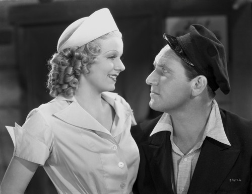 Jean Harlow Portrait Scene from a Film in White Felt Hat and White Folder Short Sleeve Collar Shirt Photo Print - Item # VARCEL697208