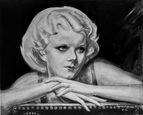 Jean Harlow Scene from a Film standing in Grey Linen Tweed Suit Dress and Black Wool Hat with White scarf Photo Print - Item # VARCEL697290