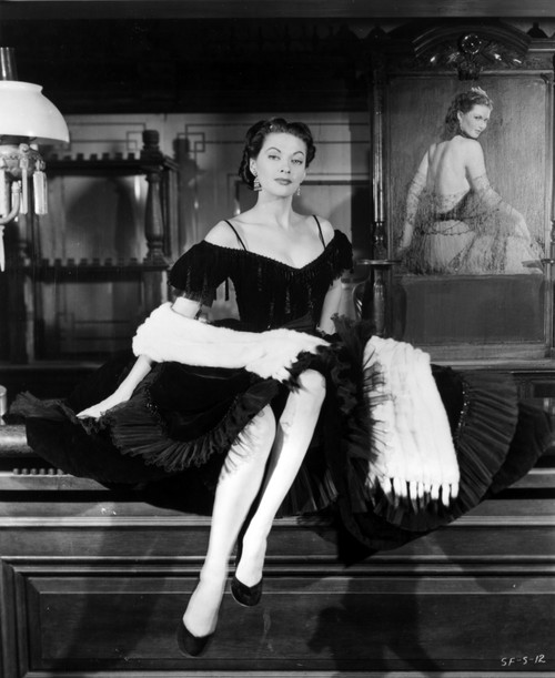 Yvonne Decarlo posed in Sexy Black Outfit With White Scarf in Black and White Photo Print