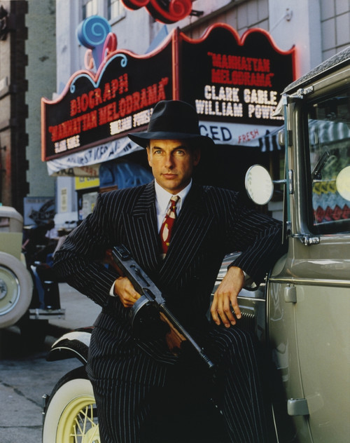 Mark Harmon Posed Holding a Thompson Drum Machine Gun in Black Hat and Suit Photo Print - Item # VARCEL697299