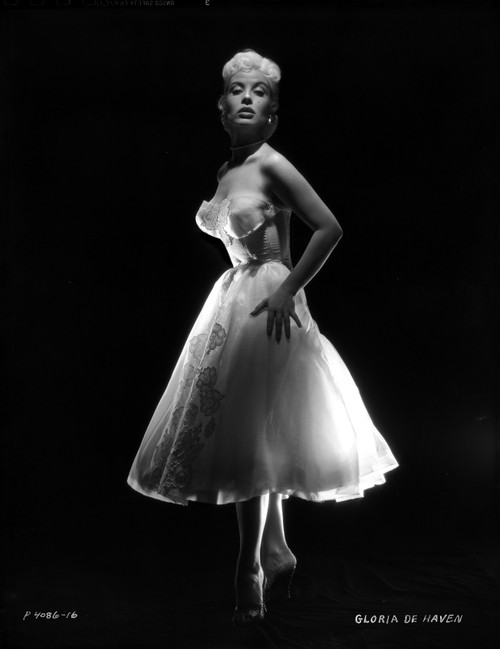 Gloria DeHaven posed in White Gown in Black and White Photo Print - Item # VARCEL697517