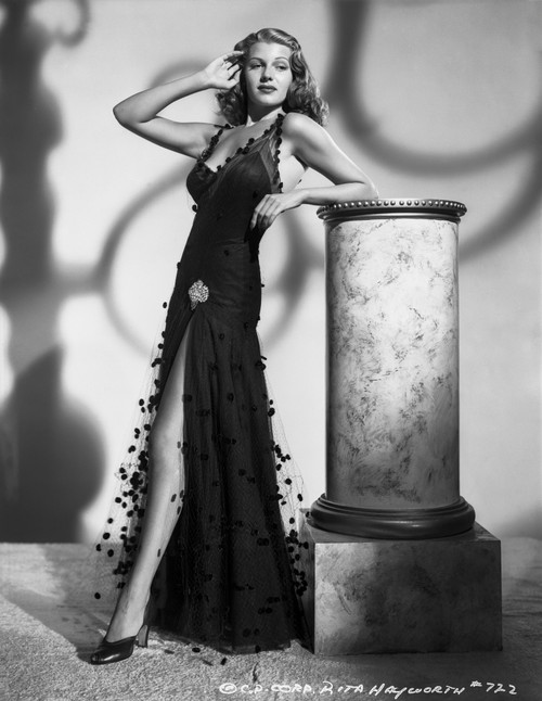Portrait of Rita Hayworth posed with Long Black Gown in Black and White Photo Print - Item # VARCEL698462
