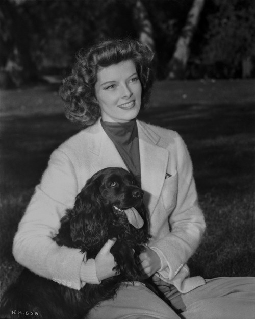 Katharine Hepburn Pose in White Dress with Black Dog Photo Print - Item # VARCEL699012