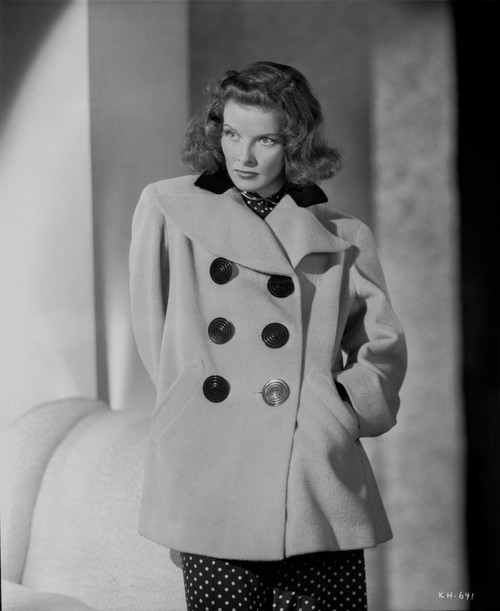 Katharine Hepburn Pose with A Coat in Black and White Photo Print - Item # VARCEL698994