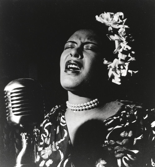 Billie Holiday singing in Black Dress with Flower on Head Portrait Photo Print - Item # VARCEL699837
