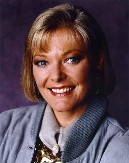 Jane Curtin Portrait in Blue Herringbone Velvet Coat and Grey Twill Shirt with Knitted Dark Blue Collar Photo Print - Item # VARCEL688919