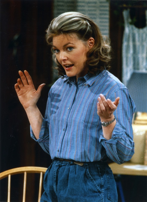 Jane Curtin Posed in Blue Linen Long Sleeve Shirt with Hands Raised Up Photo Print