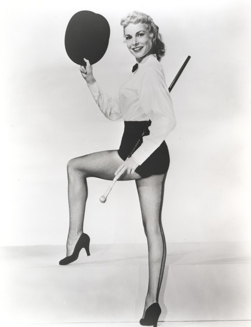 Janet Leigh Posed in White Silk Gathered Long Sleeve Bodice and Black Girdle with Left Hand Holding a Black Hat Photo Print - Item # VARCEL690186