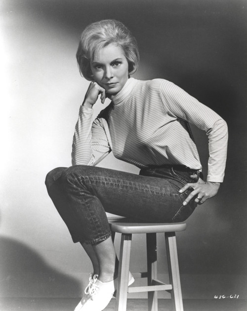 Janet Leigh sitting on a Chiar in White High Neck Long Sleeve Linen Dress with Knees Bent and Head Leaning on the Right Hand Photo Print - Item # VARCEL690206