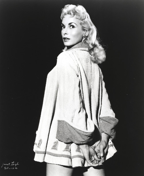 Janet Leigh Posed Facing Back in White Bell Long Sleeve Cotton Coat in Black Background Photo Print - Item # VARCEL690202