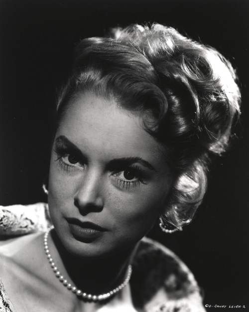 Janet Leigh Posed in White Silk V-Neck Shoulder Dress with Pearl Necklace and Earrings Photo Print - Item # VARCEL690218