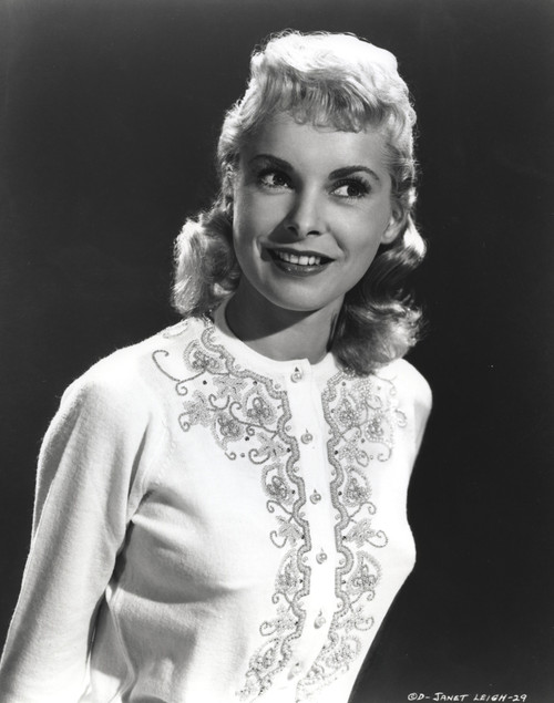 Janet Leigh Posed in White Embroidered Long Sleeve Cotton Smock in Black Background Photo Print - Item # VARCEL690226