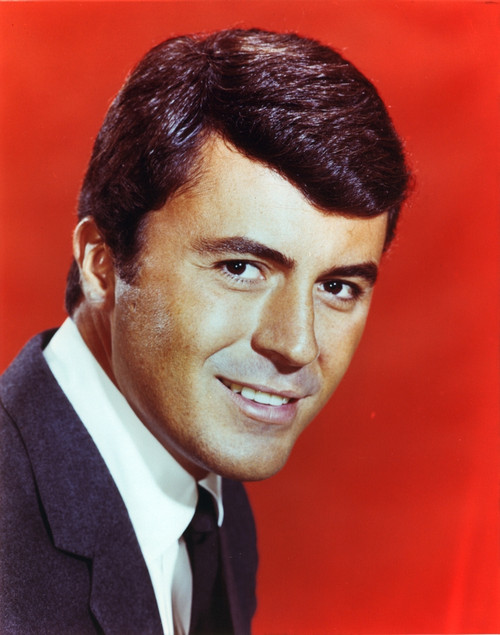 James Darren smiling in Black Linen Suit and White Collar Shirt on Red Background Photo Print - Item # VARCEL692737