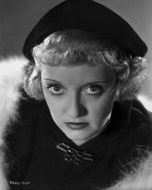 Bette Davis Portrait Serious Look in Black Flat Wool and Black Collar Dress with White Fur Pelt Boa Photo Print - Item # VARCEL693012