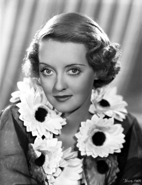 Bette Davis Portrait smiling in Sunflower Garland with Black Linen Long Sleeve Dress Photo Print - Item # VARCEL693074