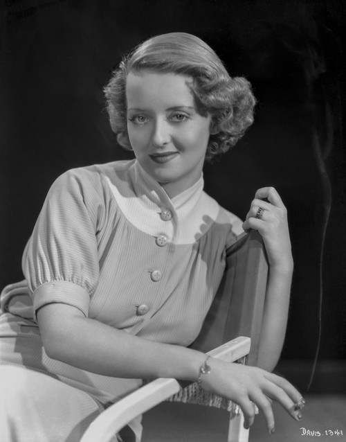 Bette Davis Seated on Chair in White High Neck Short Sleeve Folded on the Edge Cotton Fabric Dress Photo Print - Item # VARCEL693395
