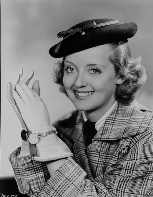 Bette Davis Portrait smiling in Black Flat Hat in Checkered Suit and White Collar Shirt with Tie Photo Print - Item # VARCEL693448