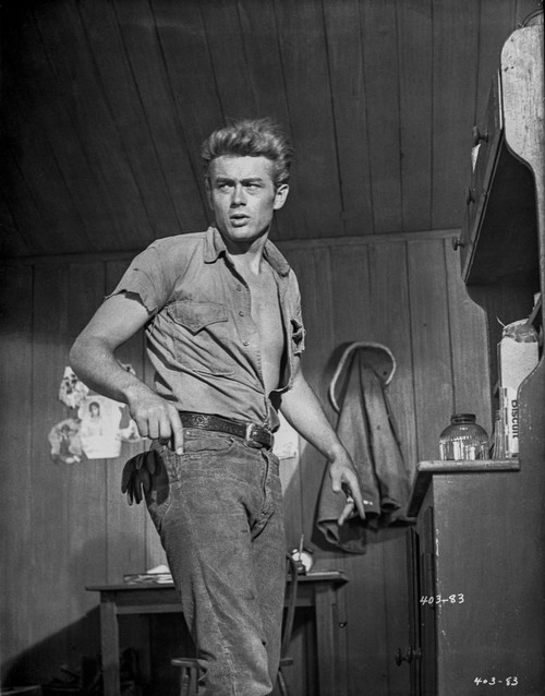 James Dean Posed in Grey Tucked-On Short Sleeve Shirt and Belted Pants with Head Turn to the Right Photo Print - Item # VARCEL694097