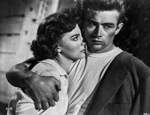 James Dean Hugged the Woman to His Chest Tight in Black Linen Suit and Round Neck White Shirt Photo Print - Item # VARCEL694123
