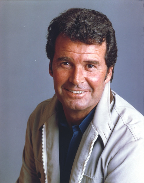 James Garner Portrait in White Linen Track Suit and Blue Collar Shirt on Dark Grey Background Photo Print - Item # VARCEL694152