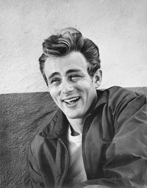 James Dean Portrait in Black Silk Jacket and White Round Neck T-Shirt with Pompadour Hair Photo Print - Item # VARCEL694166