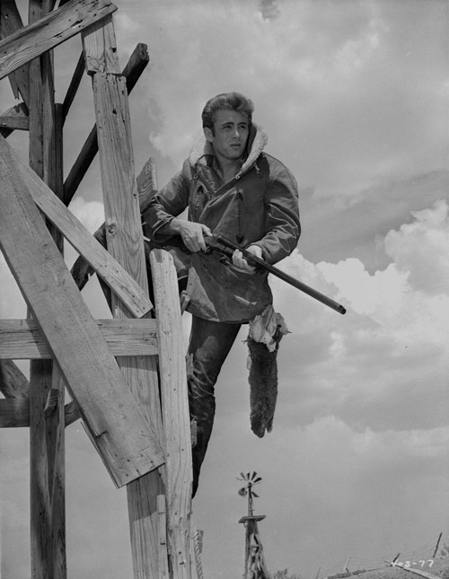 James Dean Posed in Fur Collar Velvet Long Sleeve Coat with Hands Holding a Rifle Photo Print - Item # VARCEL694186