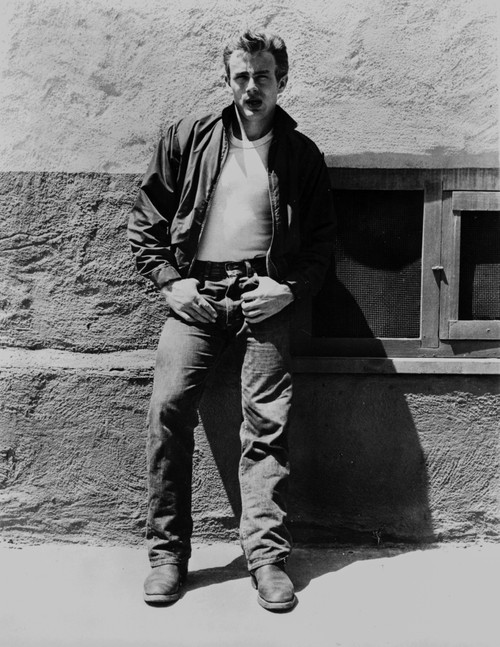James Dean Posed in Black Velvet Long Sleeve Jacket and Jeans while Leaning on the Wall with Hands on the Pocket Photo Print - Item # VARCEL694182