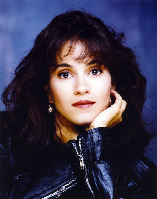 Jamie Gertz Portrait Dark Blue Long Sleeve Silk Shirt with Chin Leaning on Hand in Blue Background Photo Print - Item # VARCEL694353