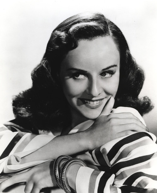Paulette Goddard smiling wearing Stripe Dress Close Up Portrait with White Background Photo Print - Item # VARCEL694830