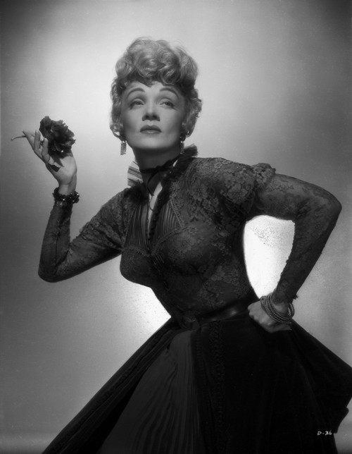 Marlene Dietrich Squatting Pose in Classic Dress Photo Print - Item # VARCEL695390