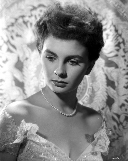 Jean Simmons Portrait in White Sheer Lace V-Neck Shoulder Silk Dres and Pearl Necklace Photo Print - Item # VARCEL704657