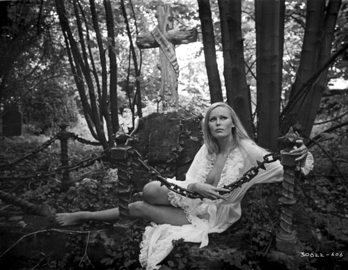 Veronica Carlson a white, chiffon, ruffled robe, while laying on the ground in the forest holding a spiked chain link Photo Print - Item # VARCEL705495