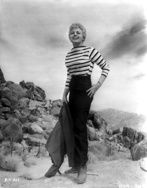Shelley Winters Posed in White Stripe Long Sleeve Shirt and High Waist Black Long Pants Photo Print - Item # VARCEL705567