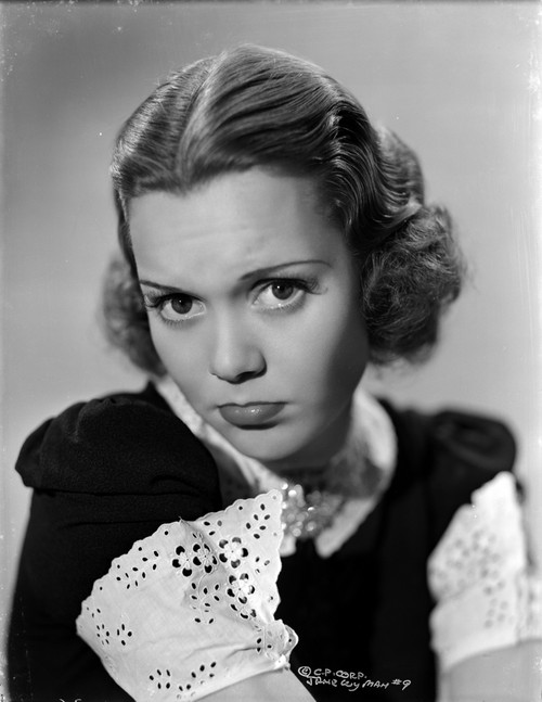 Jane Wyman Portrait in Black Velvet Dress with White Collar and White Lace False Sleeves with Curtain Curl Hair Photo Print - Item # VARCEL705819