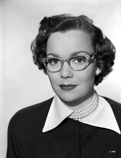 Jane Wyman Portrait in White Collar Black Long Sleeve Shirt and Pearl Necklace with Eyeglasses and Pearl Earrings Photo Print - Item # VARCEL705845
