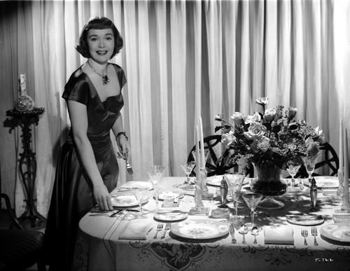 Jane Wyman Posed in Black Short Sleeve Square-Neck Silk Dress Photo Print - Item # VARCEL705870