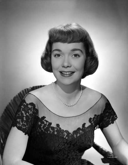 Jane Wyman Portrait in Black Linen Lace Shoulder Dress and Pearl Earrings with Pearl Necklace Photo Print - Item # VARCEL705908