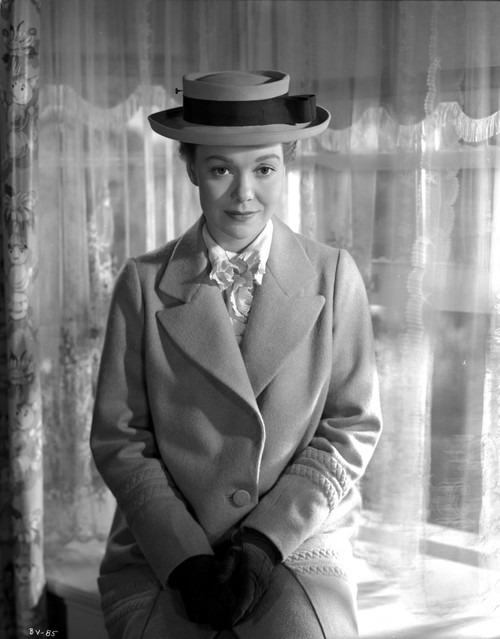 Jane Wyman Portrait in White Linen Tweed Coat and White scarf with Black Velvet Gloves and Flat Hat Photo Print - Item # VARCEL705922