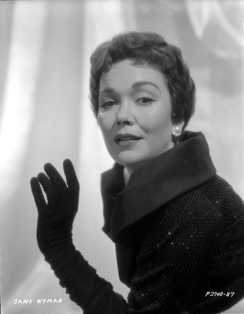 Jane Wyman Portrait in Black Linen Long Sleeve Tweed Dress and Black Velvet Gloves with Pearl Earrings Photo Print - Item # VARCEL705898
