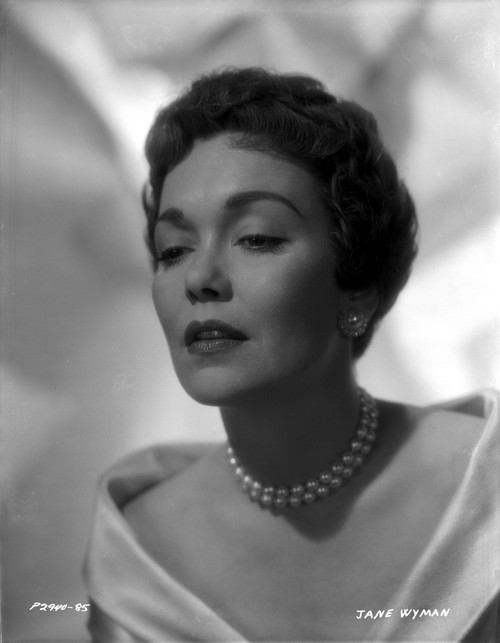 Jane Wyman Portrait in White Long Sleeve Shoulder Dress and Pearl Necklace with Pearl Earrings Photo Print - Item # VARCEL705900
